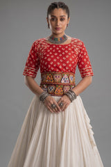 White Cotton Chaniya with Bandhej and Kachchi Worked Choli