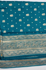 Teal Blue Gaji Silk Woven Saree with Handworked Readymade Blouse
