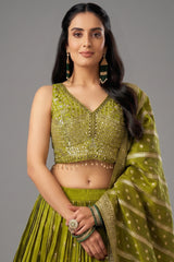 Green Ombre Chinon Sequin Embroidered Pleated Lehenga
