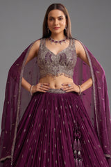 Wine Purple Georgette Sequin Embroidered Pleated Flared Lehenga