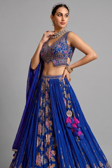 Blue Crepe Silk Floral Printed and Sequin Worked Flared Lehenga