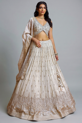Cream Chinon Sequinned Flared Lehenga