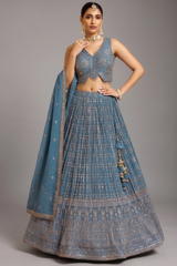 Carolina Blue Chinon Georgette Sequin and Zari Embroidered Flared Lehenga
