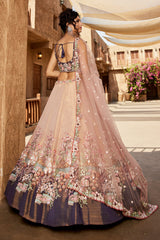 Faded Peach Net Designer Floral Embroidery and Sequin Work Lehenga with Contrast Border
