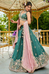 Teal Green Chinon Sequin Embroidery Lehenga