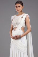 Pearl White Georgette Lehenga with Embellished Crop Top and Attached Dupatta