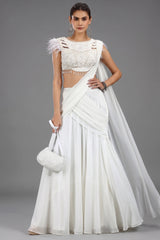 Pearl White Georgette Lehenga with Embellished Crop Top and Attached Dupatta