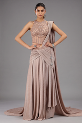Light Peach Imported Lehenga with Aattached Dupatta and Beaded Cutdana Work Heltar Neck Corset