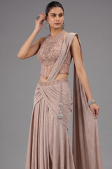 Light Peach Imported Lehenga with Aattached Dupatta and Beaded Cutdana Work Heltar Neck Corset