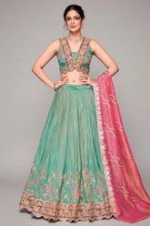Sea Green Chinon Floral Printed Lehenga with Sequin Work