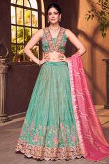 Sea Green Chinon Floral Printed Lehenga with Sequin Work