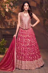 Deep Pink Tissue Floral Woven Lehenga with Long Top
