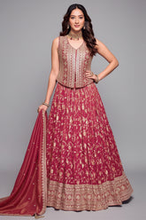 Deep Pink Tissue Floral Woven Lehenga with Long Top