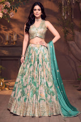 Teal Green and White Chinon Crepe Printed Lehenga with Sequin Embroidery Work