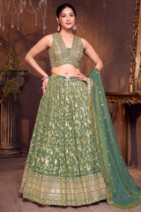 Green Tissue Floral Woven Jaal Lehenga with Sequin Embroidery Work