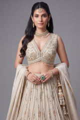 Cream Tissue Sequin and Floral Embroidery Work Pleated Lehenga