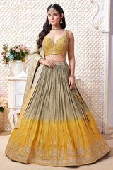 Olive Green and Yellow Ombre Chinon Sequin Embroidered Pleated Lehenga