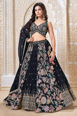 Black Georgette Chinon Floral Printed Flared Lehenga with Sequins Work