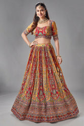 Yellow and Red Crepe Silk Printed Lehenga