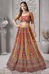 Yellow and Red Crepe Silk Printed Lehenga