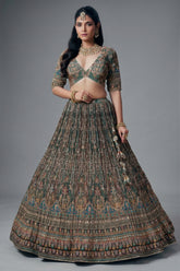 Green and Brown Crepe Silk Printed Lehenga with Sequin Work
