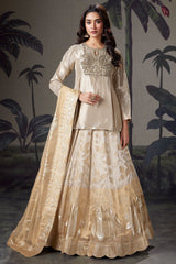Cream and Golden Ombre Organza Floral Zari Woven Lehenga with Long Zardosi Worked Top