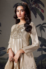 Cream and Golden Ombre Organza Floral Zari Woven Lehenga with Long Zardosi Worked Top