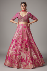 Pink Banarasi Brocade Silk Zari Weaving Lehenga