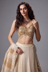 Golden and Off White Tissue Lehenga with Beaded Cutdana Worked Blouse