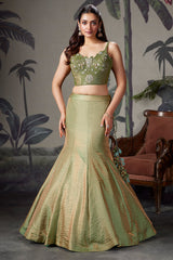 Moss Green Crush Tissue Silk Fish Cut Lehenga with Sequins and Beaded Corset