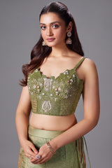 Moss Green Crush Tissue Silk Fish Cut Lehenga with Sequins and Beaded Corset