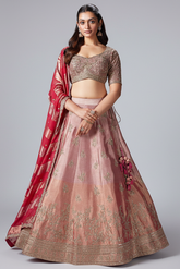 Pink and Peach Ombre Tissue Silk Zardosi Worked Lehenga