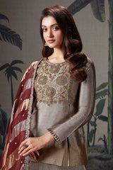 Silver and Golden Ombre Tissue Zardosi Worked Lehenga with Long Top