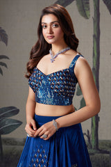 Blue Crepe Silk Printed Flared Lehenga with Sequin Cutdana Worked Corset