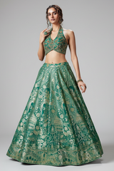 Green Banarasi Brocade Silk Zari Woven Lehenga with Zardosi Work Halter Neck Blouse