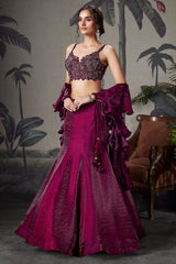 Plum Purple Crush Tissue Silk Mermaid Lehenga with Handworked Corset Blouse