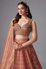 Coral Peach Tissue Zari Woven Lehenga with Handworked Blouse