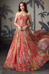 Coral Peach Georgette Floral Printed Flared Lehenga with Handworked Off Shoulder Corset Blouse