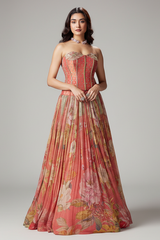 Coral Peach Georgette Floral Printed Flared Lehenga with Handworked Off Shoulder Corset Blouse