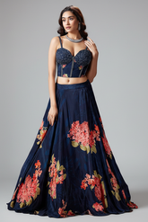 Dark Blue Crepe Silk Floral Printed Lehenga with Cutdana and Sequin Worked Corset