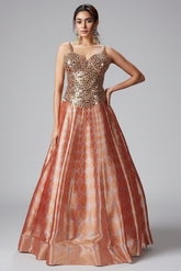 Coral Peach Tissue Silk Zari Woven Lehenga with Mirror Worked Corset Blouse