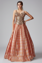 Coral Peach Tissue Silk Zari Woven Lehenga with Mirror Worked Corset Blouse