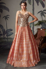 Coral Peach Tissue Silk Zari Woven Lehenga with Mirror Worked Corset Blouse