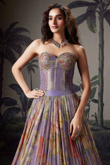 Lavender Purple Georgette Floral Printed Flared Lehenga with Off Shoulder Handwork Corset Blouse