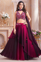 Purple and Magenta Ombre Crepe Silk Layered Lehenga with Sequin Cutdana Work