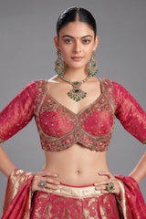 Deep Crimson Red Tissue Silk Floral Woven Jaal Lehenga with Paithani Border