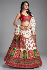 Pearl White and Multi Colored Chiffon Silk Printed Lehenga