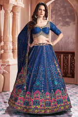 Blue Chiffon Silk Digital Printed Lehenga with Sequins Work