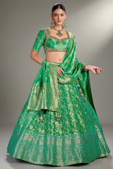 Jade Green Tissue Silk Floral Woven Lehenga