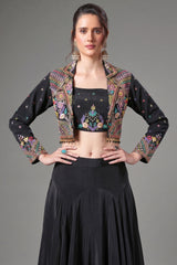 Black Crepe Silk Embroidered Crop Top with Mermaid Cut Lehenga and Jacket